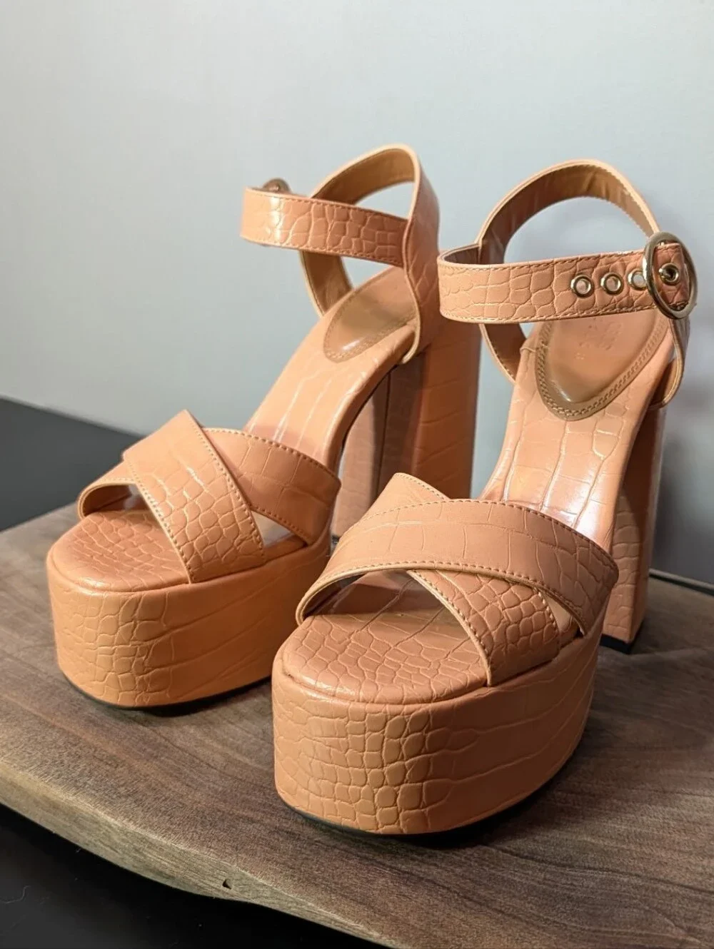 ASOS Croc-Embossed Platform Block Heel Sandals in Peach